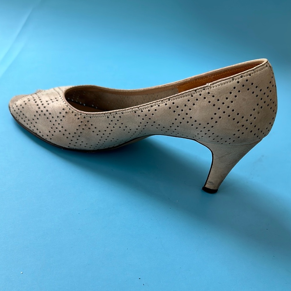 Cream Classic Kitten Heel Pumps with Perforated Design